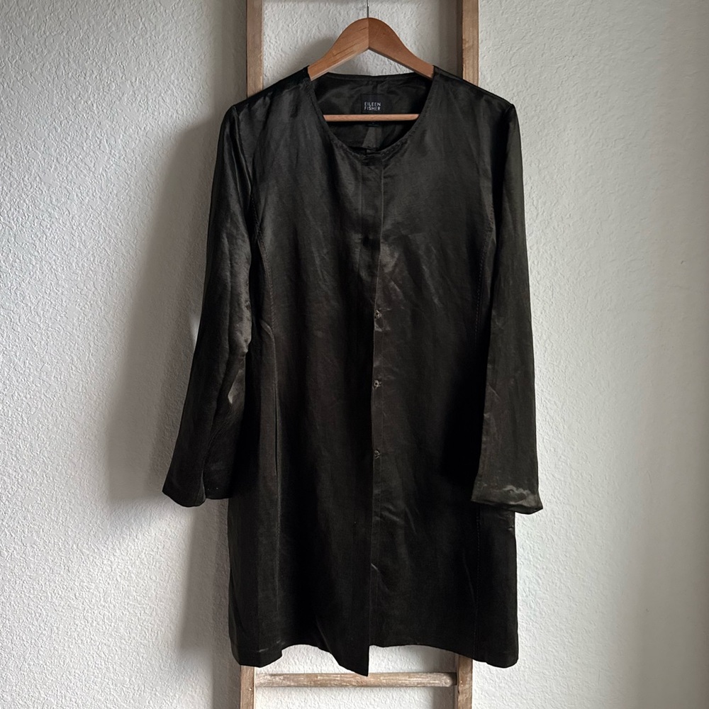 Eileen Fisher Silk Linen Blend Italian Black Mid Length Jacket sz: Large